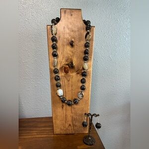 Jasper Natural Stone & Vintage Carved Bovine Horn Beaded Necklace & Earring Set